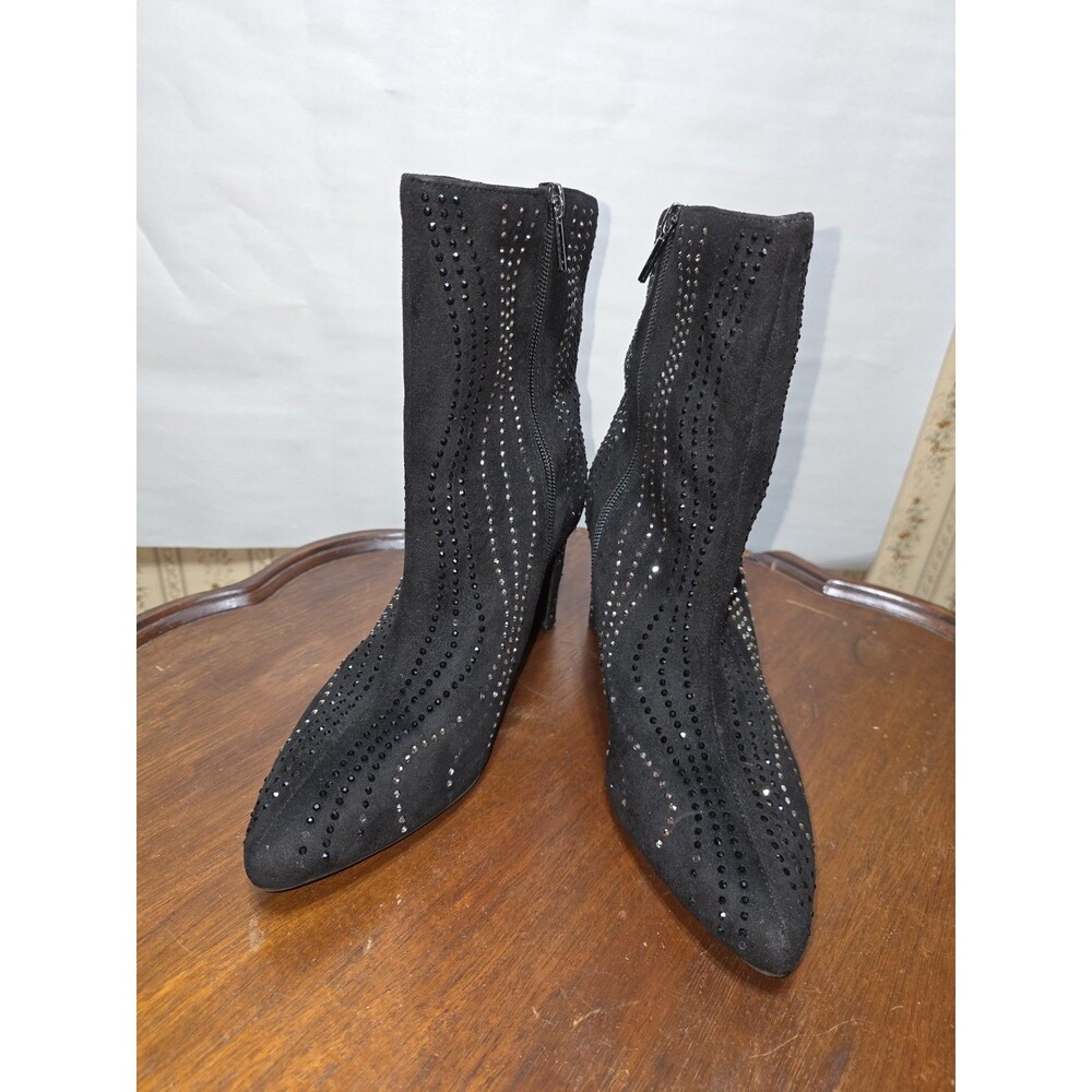 Impo Vynette Women’s 7M Black Rhinestone Ankle Boots Pointed Toe Memory Foam Zip